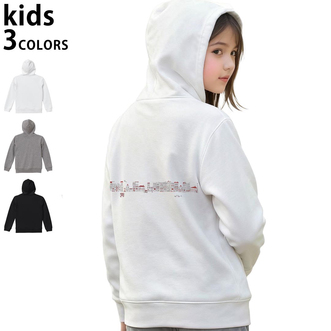 選べる3カラー パーカー スウェット バックプリントキッズ 男女兼用 男の子 女の子 ユニセックス unisex 長袖 デザイン リブ 110 130 150 parker sweat 015714 町　ビル　建物　バス
