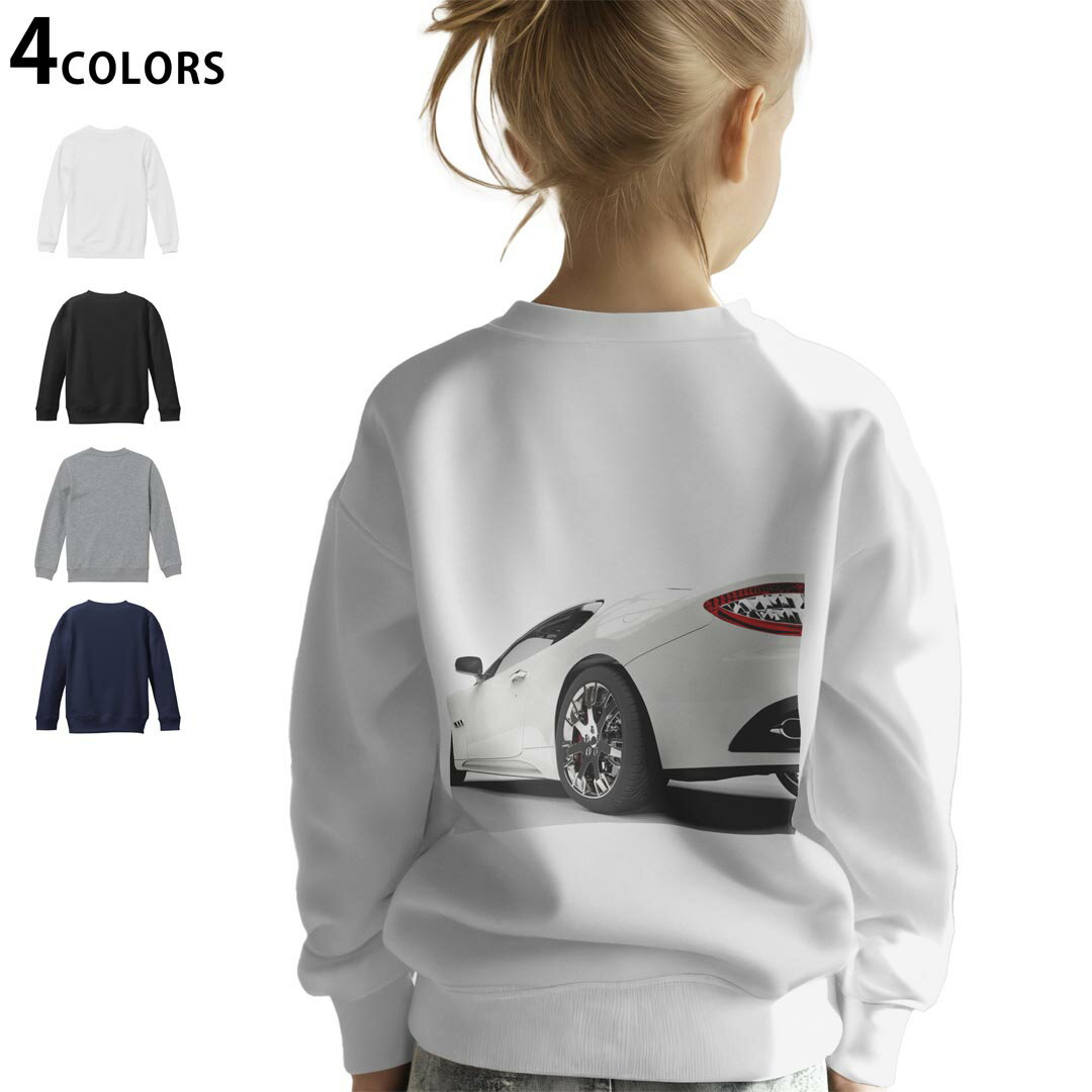 選べる3カラー バックプリント スウェットレーナー キッズ 男女兼用 男の子 女の子 ユニセックス unisex 長袖 デザイン リブ ホワイト ブラック 白 黒 グレー ネイビー 110 130 150 trainer sweat 002847 車　写真