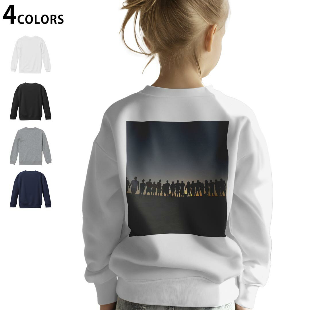 選べる3カラー バックプリント スウェットレーナー キッズ 男女兼用 男の子 女の子 ユニセックス unisex 長袖 デザイン リブ ホワイト ブラック 白 黒 グレー ネイビー 110 130 150 trainer sweat 023667 人物 影