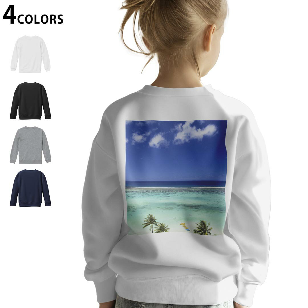選べる3カラー バックプリント スウェットレーナー キッズ 男女兼用 男の子 女の子 ユニセックス unisex 長袖 デザイン リブ ホワイト ブラック 白 黒 グレー ネイビー 110 130 150 trainer sweat 010460 海　空　写真