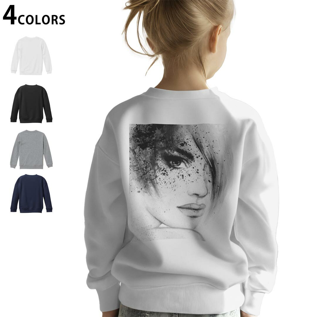 選べる3カラー バックプリント スウェットレーナー キッズ 男女兼用 男の子 女の子 ユニセックス unisex 長袖 デザイン リブ ホワイト ブラック 白 黒 グレー ネイビー 110 130 150 trainer sweat 012059 女性　イラスト　モノトーン