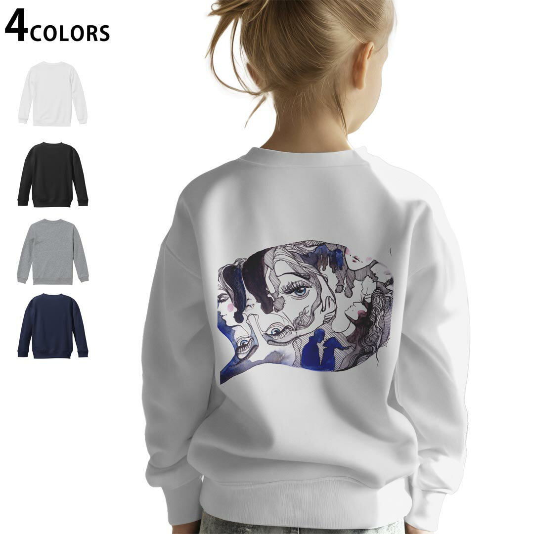 選べる3カラー バックプリント スウェットレーナー キッズ 男女兼用 男の子 女の子 ユニセックス unisex 長袖 デザイン リブ ホワイト ブラック 白 黒 グレー ネイビー 110 130 150 trainer sweat 014178 イラスト　人物