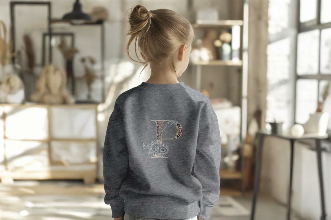 選べる3カラー バックプリント スウェットレーナー キッズ 男女兼用 男の子 女の子 ユニセックス unisex 長袖 デザイン リブ ホワイト ブラック 白 黒 グレー ネイビー 110 130 150 trainer sweat 019160 文字 p アルファベット 2