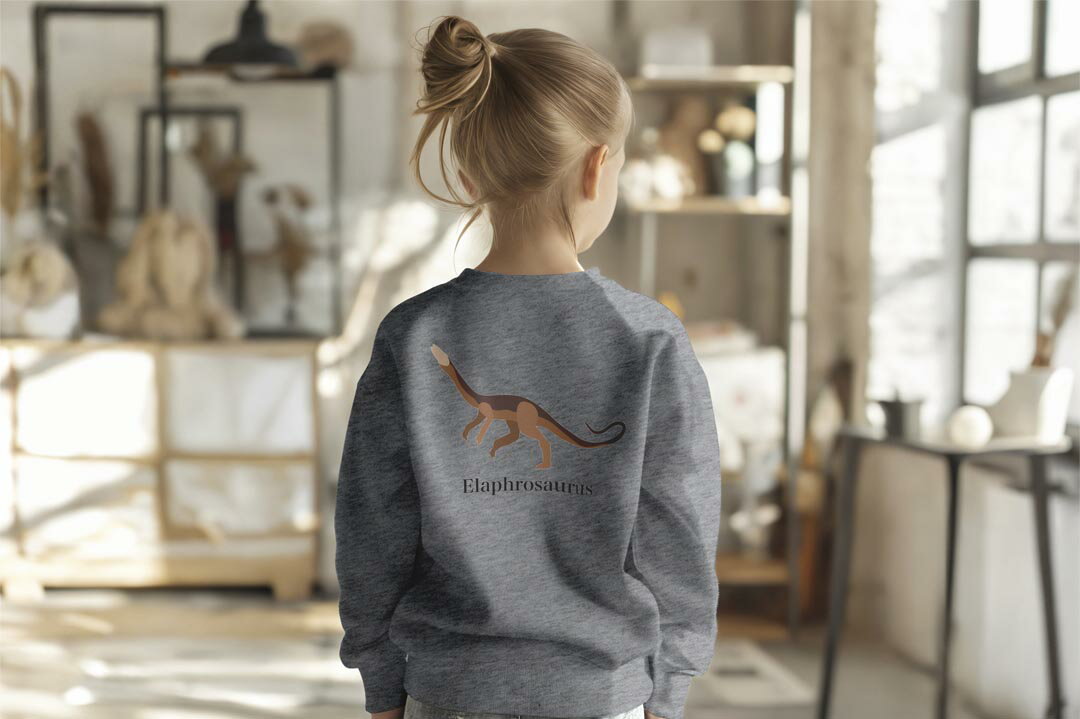選べる3カラー バックプリント スウェットレーナー キッズ 男女兼用 男の子 女の子 ユニセックス unisex 長袖 デザイン リブ ホワイト ブラック 白 黒 グレー ネイビー 110 130 150 trainer sweat 019785 恐竜 Elaphrosaurus エラフロサウルス 2