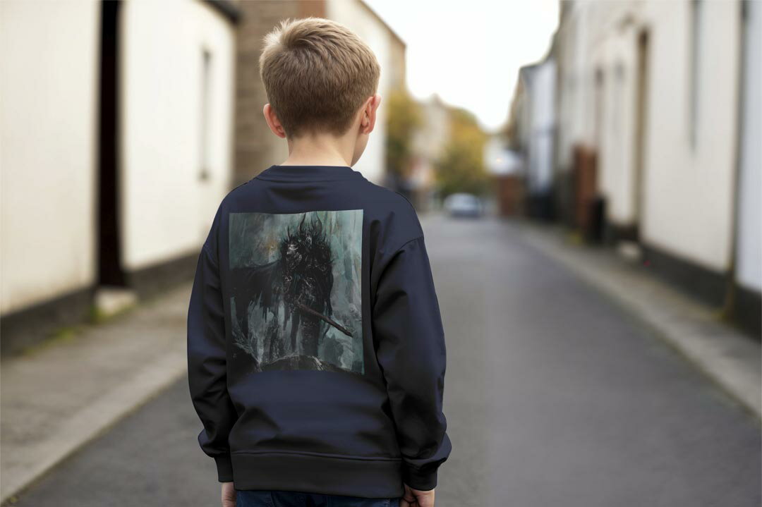 選べる3カラー バックプリント スウェットレーナー キッズ 男女兼用 男の子 女の子 ユニセックス unisex 長袖 デザイン リブ ホワイト ブラック 白 黒 グレー ネイビー 110 130 150 trainer sweat 005903 イラスト　甲冑　ファンタジー