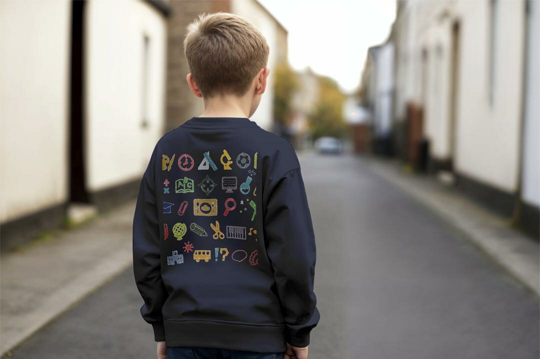 選べる3カラー バックプリント スウェットレーナー キッズ 男女兼用 男の子 女の子 ユニセックス unisex 長袖 デザイン リブ ホワイト ブラック 白 黒 グレー ネイビー 110 130 150 trainer sweat 009278 イラスト　カラフル　こども