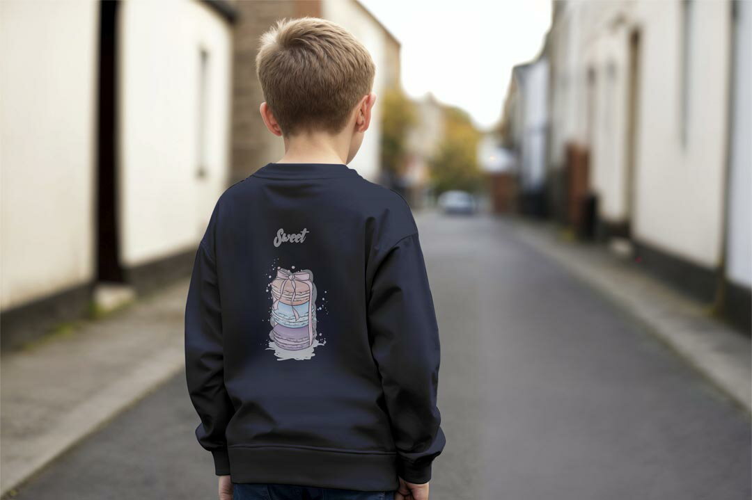 選べる3カラー バックプリント スウェットレーナー キッズ 男女兼用 男の子 女の子 ユニセックス unisex 長袖 デザイン リブ ホワイト ブラック 白 黒 グレー ネイビー 110 130 150 trainer sweat 015672 マカロン お菓子 食べ物 リボン パステル