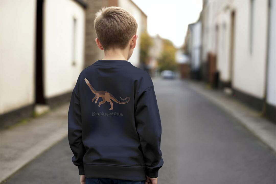 選べる3カラー バックプリント スウェットレーナー キッズ 男女兼用 男の子 女の子 ユニセックス unisex 長袖 デザイン リブ ホワイト ブラック 白 黒 グレー ネイビー 110 130 150 trainer sweat 019785 恐竜 Elaphrosaurus エラフロサウルス 3