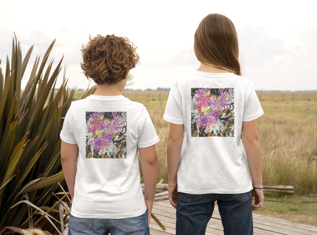 Tシャツ キッズ バックプリント 半袖 白地 デザイン 90 100 110 120 130 140 150 Tシャツ ティーシャツ T shirt 024000 花　模様　柄