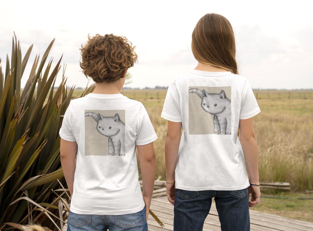Tシャツ キッズ バックプリント 半袖 白地 デザイン 90 100 110 120 130 140 150 Tシャツ ティーシャツ T shirt 026212 動物　猫　ネコ