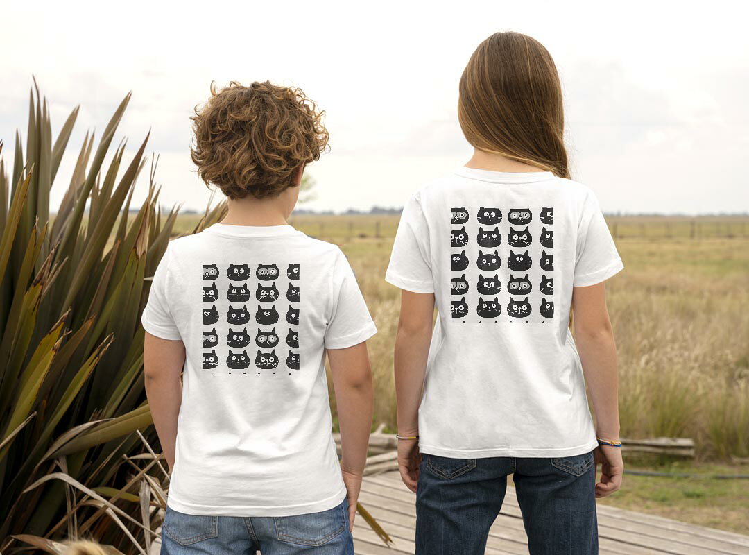 Tシャツ キッズ バックプリント 半袖 白地 デザイン 90 100 110 120 130 140 150 Tシャツ ティーシャツ T shirt 010393 動物　猫　黒