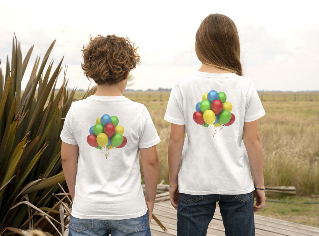 Tシャツ キッズ バックプリント 半袖 白地 デザイン 90 100 110 120 130 140 150 Tシャツ ティーシャツ T shirt 013711 風船　カラフル