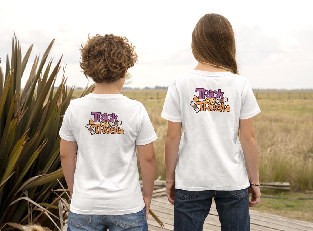 Tシャツ キッズ バックプリント 半袖 白地 デザイン 90 100 110 120 130 140 150 Tシャツ ティーシャツ T shirt 019998 ハロウィン trick or treat