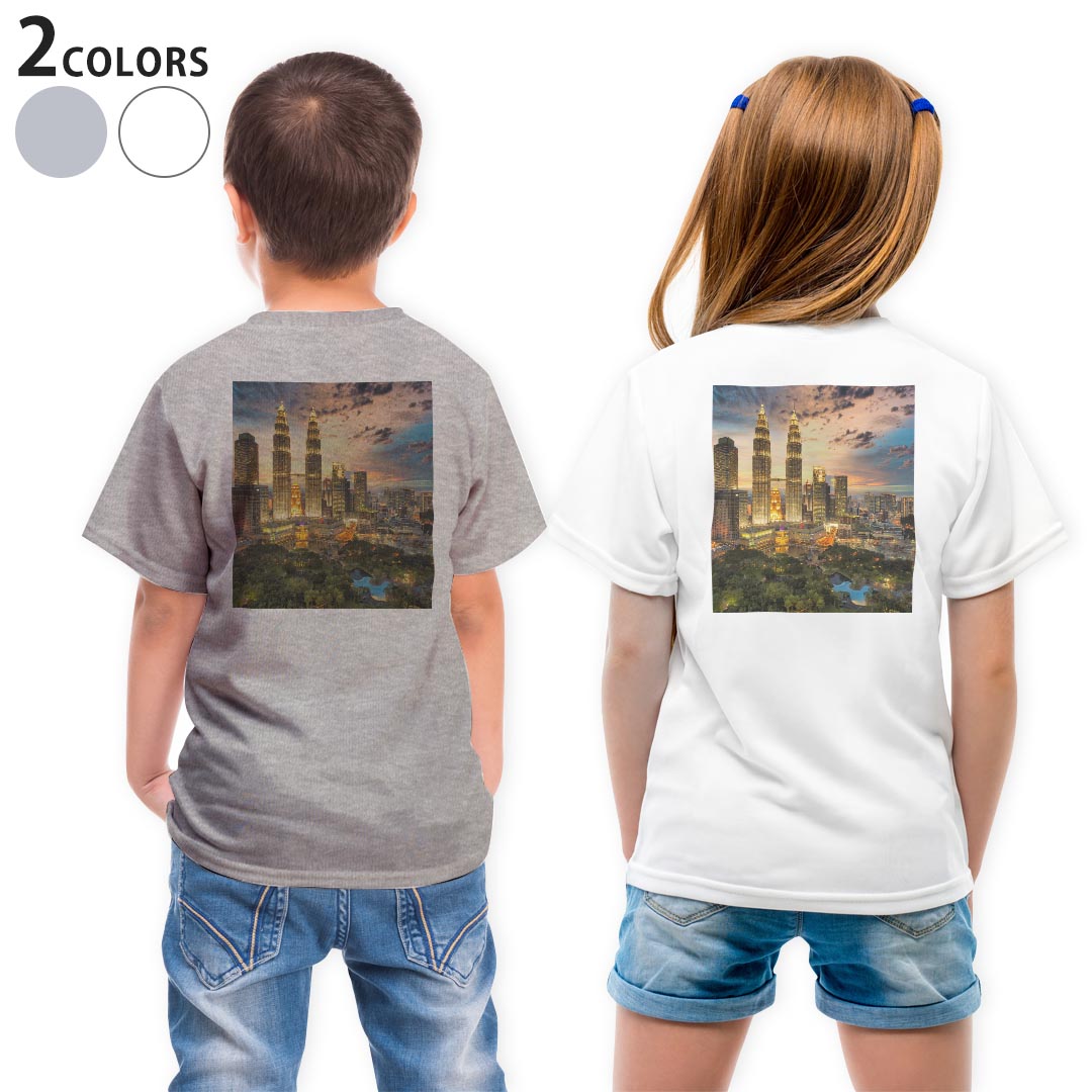 Tシャツ キッズ バックプリント 半袖 白地 デザイン 90 100 110 120 130 140 150 Tシャツ ティーシャツ T shirt 023130 風景　ビル　自然