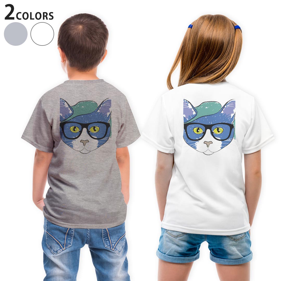 Tシャツ キッズ バックプリント 半袖 白地 デザイン 90 100 110 120 130 140 150 Tシャツ ティーシャツ T shirt 026190 動物 猫 ネコ サングラス