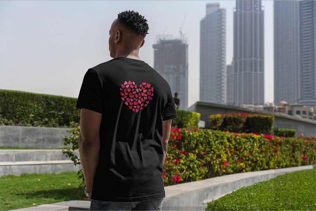 tシャツ メンズ 半袖 バックプリント ブラック デザイン XS S M L XL 2XL ティーシャツ T shirt 012886 ハート　バレンタイン　イベント