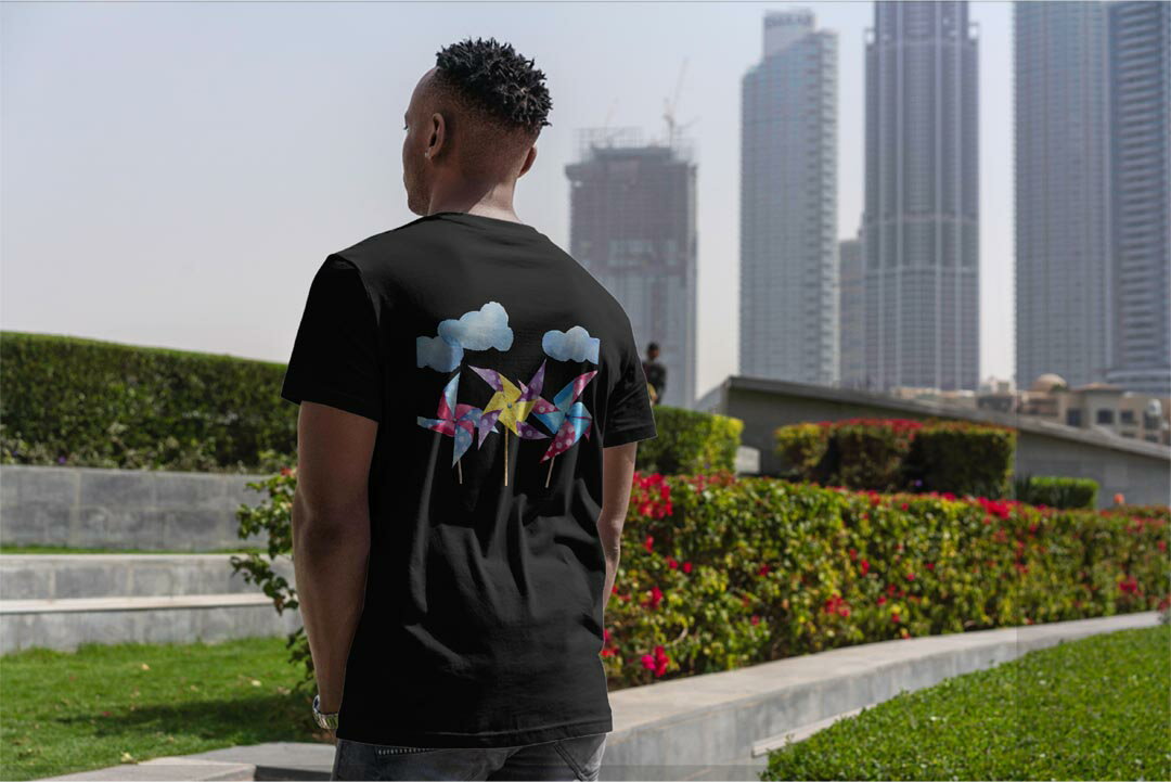 tシャツ メンズ 半袖 バックプリント ブラック デザイン XS S M L XL 2XL ティーシャツ T shirt 015868 風車　雲　かわいい