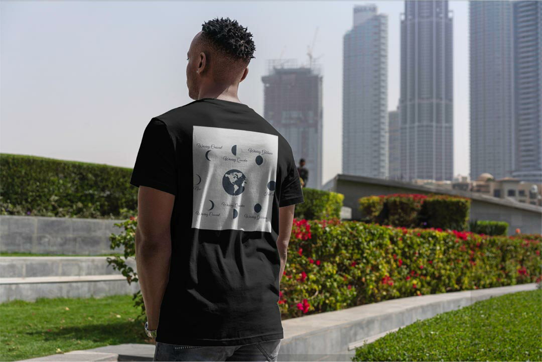 tシャツ メンズ 半袖 バックプリント ブラック デザイン XS S M L XL 2XL ティーシャツ T shirt 016033 月の満ち欠け　宇宙　月