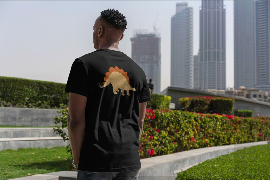 tシャツ メンズ 半袖 バックプリント ブラック デザイン XS S M L XL 2XL ティーシャツ T shirt 019804 恐竜 stegosaurus ステゴサウルス
