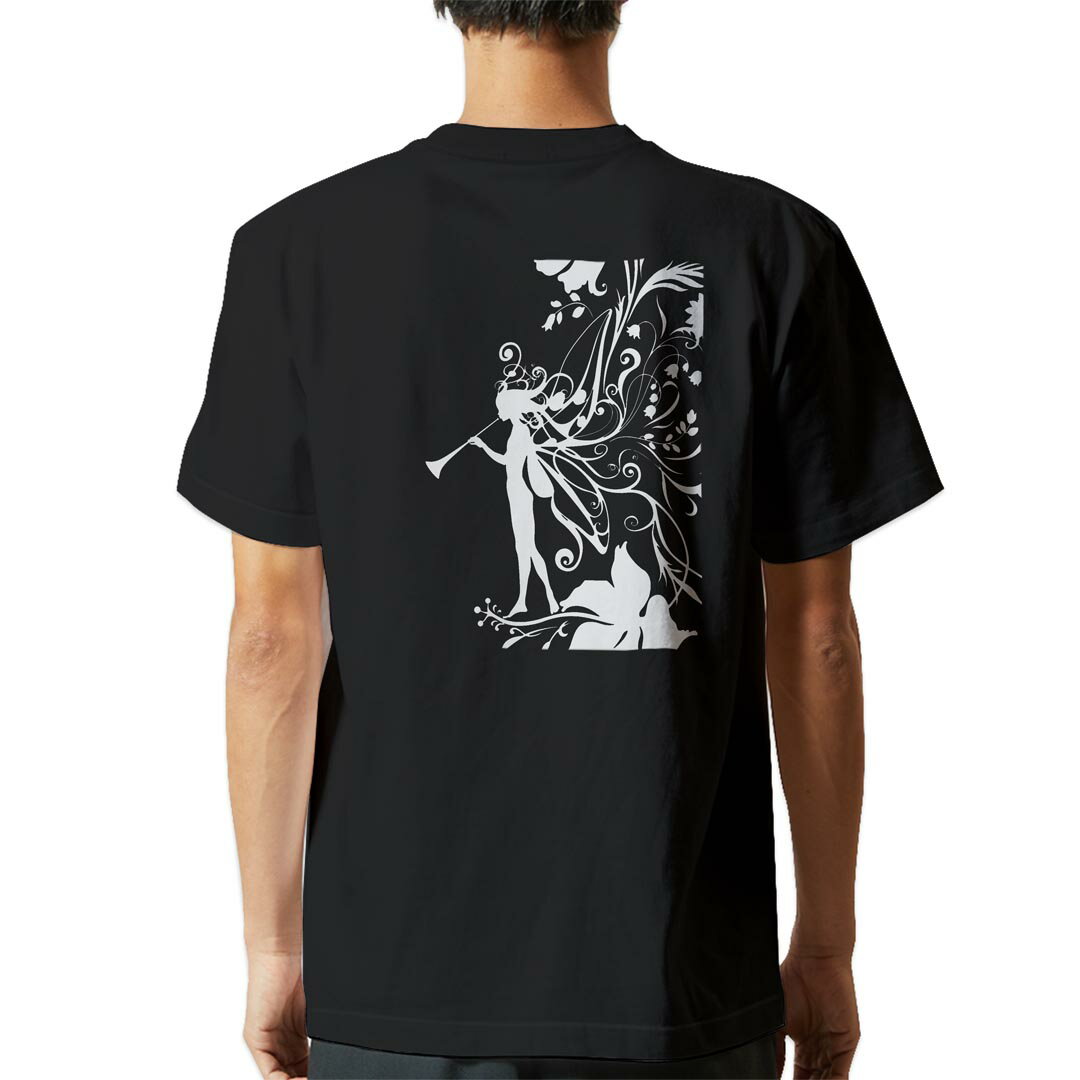 tシャツ メンズ 半袖 バックプリント ブラック デザイン XS S M L XL 2XL ティーシャツ T shirt 005575 妖精　花