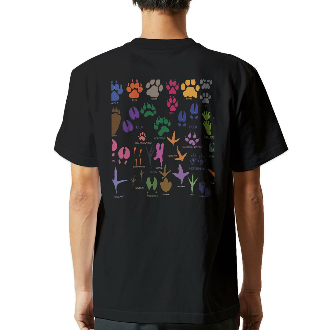 tシャツ メンズ 半袖 バックプリント ブラック デザイン XS S M L XL 2XL ティーシャツ T shirt 007566 動物　足跡　カラフル(4.0)