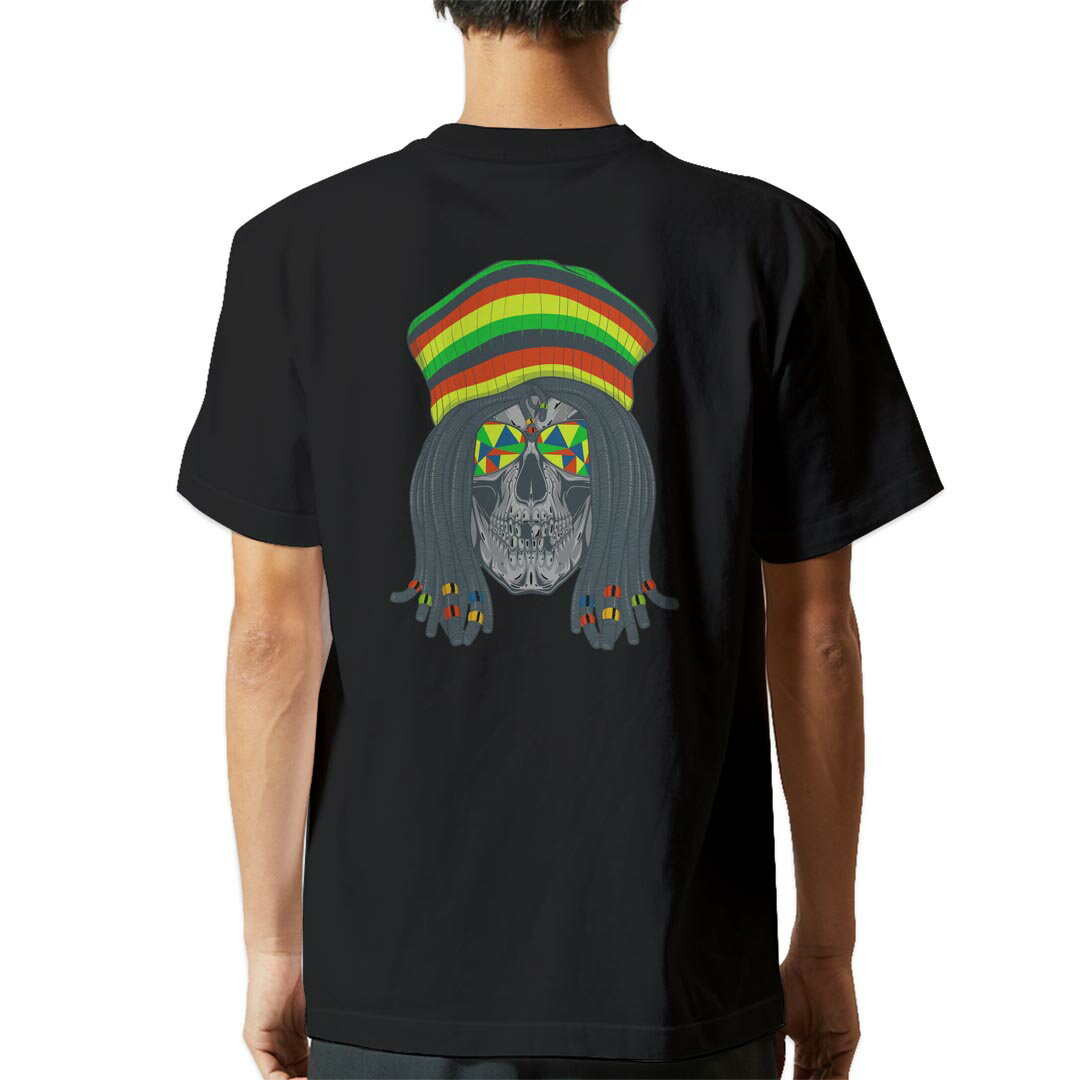 tシャツ メンズ 半袖 バックプリント ブラック デザイン XS S M L XL 2XL ティーシャツ T shirt 011717 骸骨　ドクロ　レゲエ