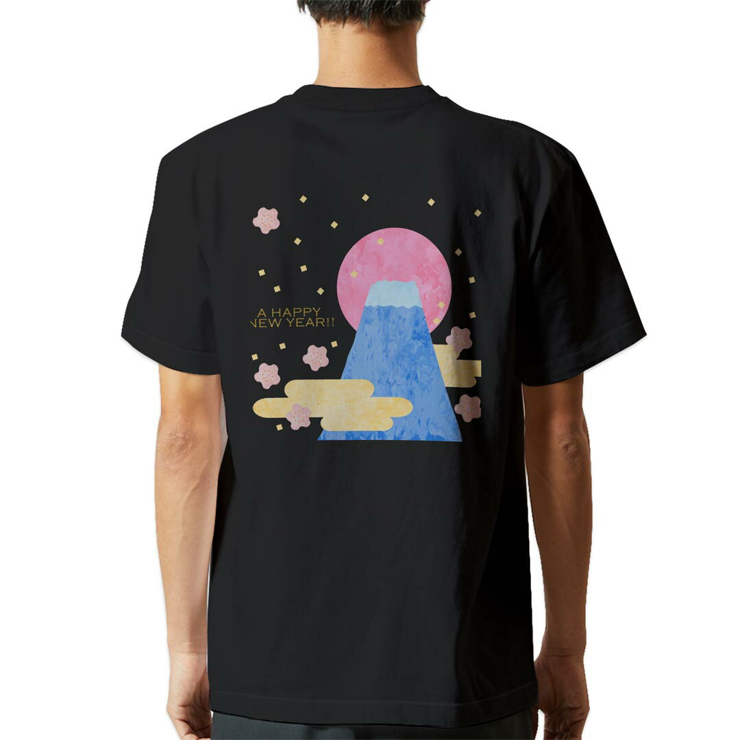 tシャツ メンズ 半袖 バックプリント ブラック デザイン XS S M L XL 2XL ティーシャツ T shirt 013560 富士山　お正月　イラスト