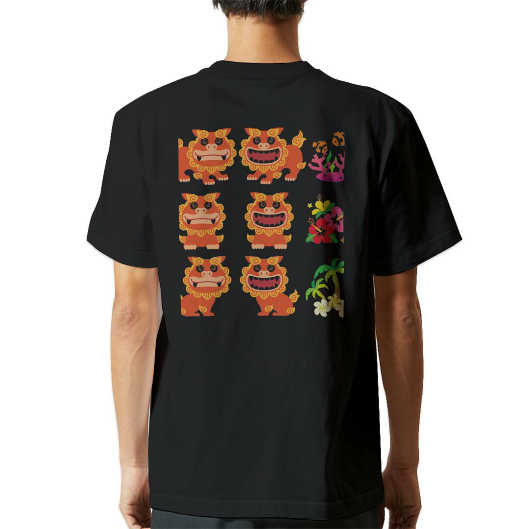 tシャツ メンズ 半袖 バックプリント ブラック デザイン XS S M L XL 2XL ティーシャツ T shirt 013765 シーサー　沖縄　ハイビスカス