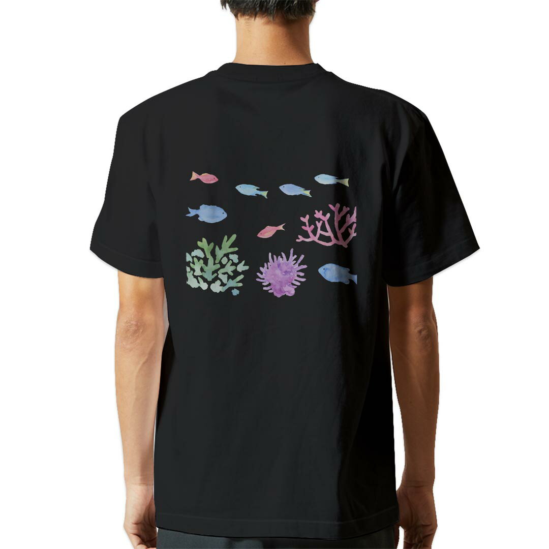 tシャツ メンズ 半袖 バックプリント ブラック デザイン XS S M L XL 2XL ティーシャツ T shirt 014279 海　魚　珊瑚