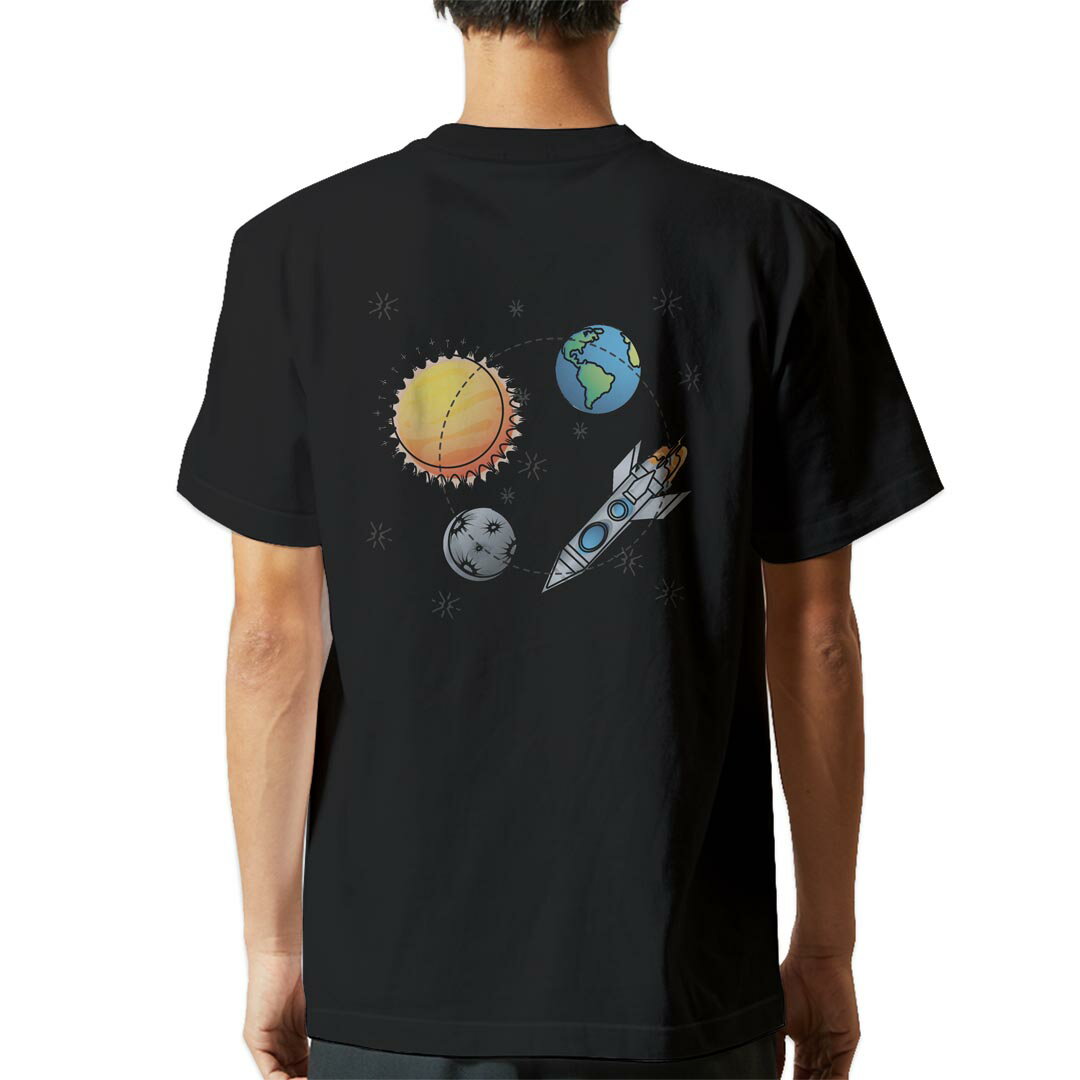 乐天商城 - tシャツ メンズ 半袖 バックプリント ブラック デザイン XS S M L XL 2XL ティーシャツ T shirt 014953 宇宙　イラスト　ロケット