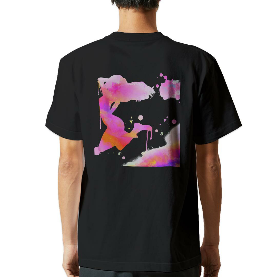 原创 - tシャツ メンズ 半袖 バックプリント ブラック デザイン XS S M L XL 2XL ティーシャツ T shirt 015663 女の人　妖精　カラフル