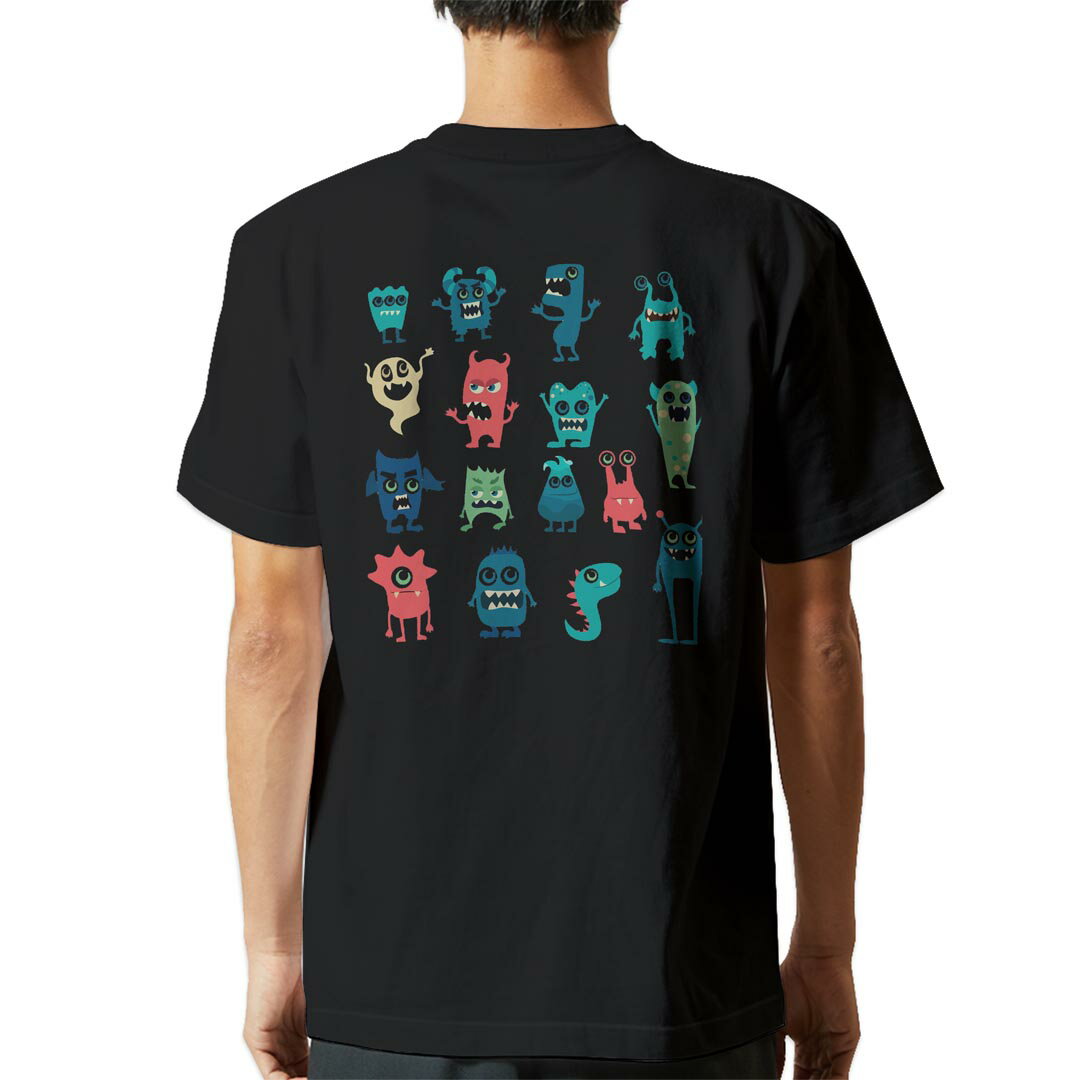 Character - tシャツ メンズ 半袖 バックプリント ブラック デザイン XS S M L XL 2XL ティーシャツ T shirt 015774 おばけ　宇宙人　キャラクター　かわいい