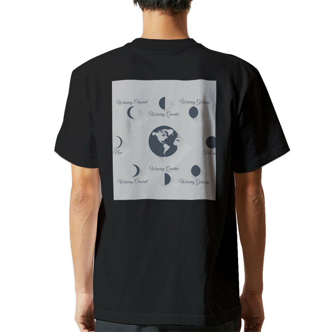 tシャツ メンズ 半袖 バックプリント ブラック デザイン XS S M L XL 2XL ティーシャツ T shirt 016033 月の満ち欠け　宇宙　月