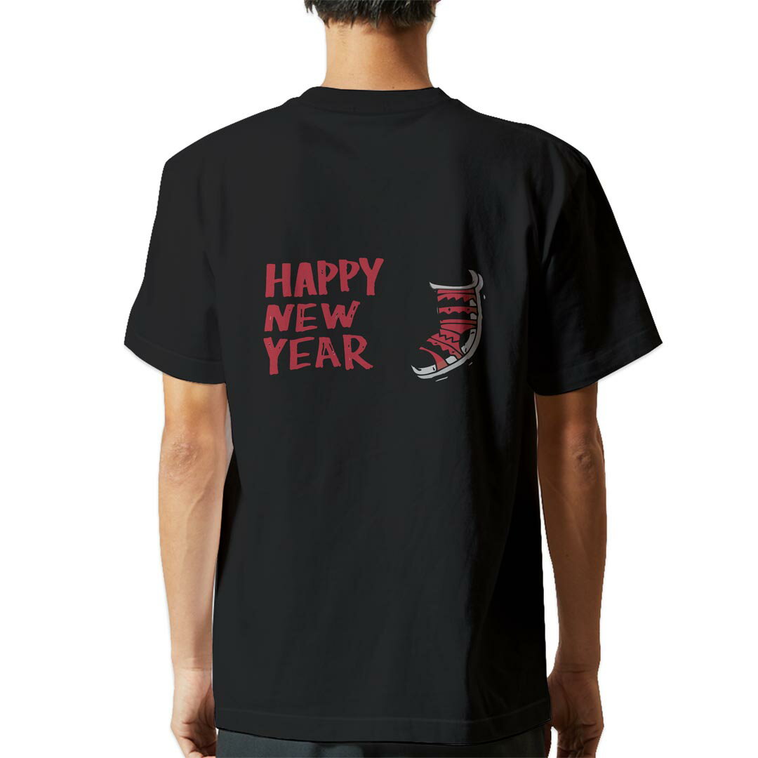 tシャツ メンズ 半袖 バックプリント ブラック デザイン XS S M L XL 2XL ティーシャツ T shirt 017685 happy　new　year　文字　靴下