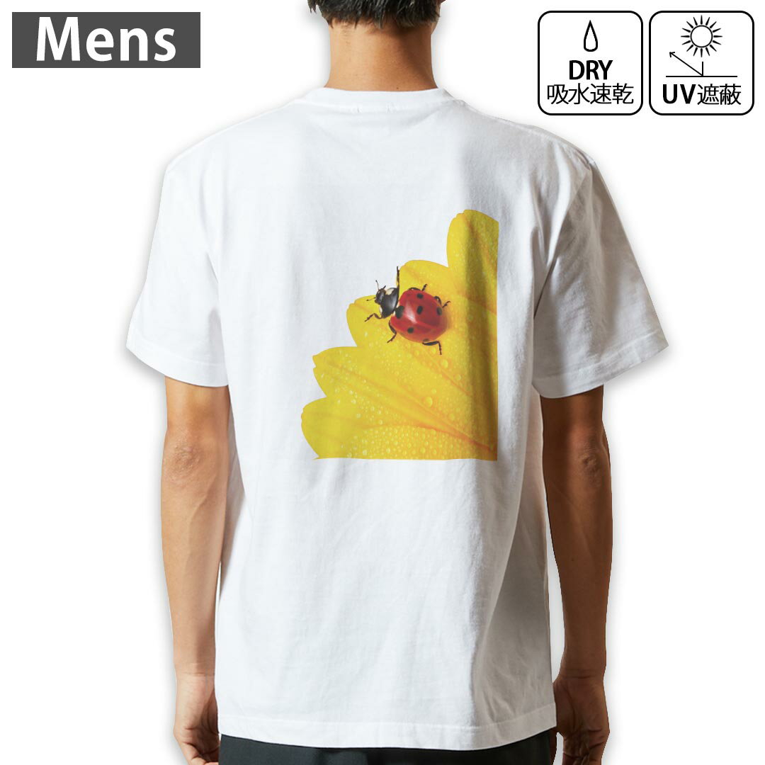 メンズ ドライバックプリントTシャツ ホワイト 半袖 4.1オンス ジム トレーニング スポーツ 運動会 ドライアスレチック UVカット 紫外線遮蔽 吸水速乾 デザイン Tshirt S M L XL 2XL 3XL 4XL 5XL 6XL 001580 花　テントウムシ　花びら