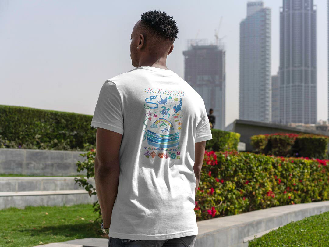 メンズ ドライバックプリントTシャツ ホワイト 半袖 4.1オンス ジム トレーニング スポーツ 運動会 ドライアスレチック UVカット 紫外線遮蔽 吸水速乾 デザイン Tshirt S M L XL 2XL 3XL 4XL 5XL 6XL 007994 海　イラスト　虹　イルカ kabekore-11222015 kabeコレ サンプル画像2