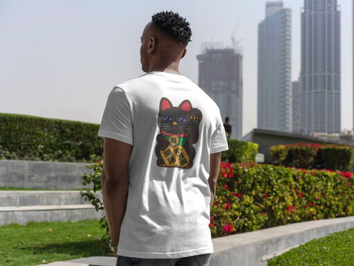 メンズ ドライバックプリントTシャツ ホワイト 半袖 4.1オンス ジム トレーニング スポーツ 運動会 ドライアスレチック UVカット 紫外線遮蔽 吸水速乾 デザイン Tshirt S M L XL 2XL 3XL 4XL 5XL 6XL 012883 招き猫 商売繁盛 猫