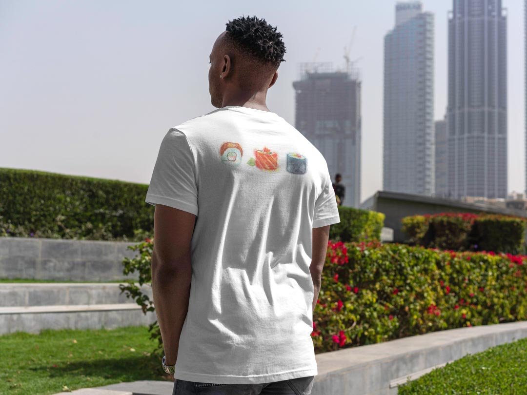 メンズ ドライバックプリントTシャツ ホワイト 半袖 4.1オンス ジム トレーニング スポーツ 運動会 ドライアスレチック UVカット 紫外線遮蔽 吸水速乾 デザイン Tshirt S M L XL 2XL 3XL 4XL 5XL 6XL 019859 お寿司 Sushi ご飯