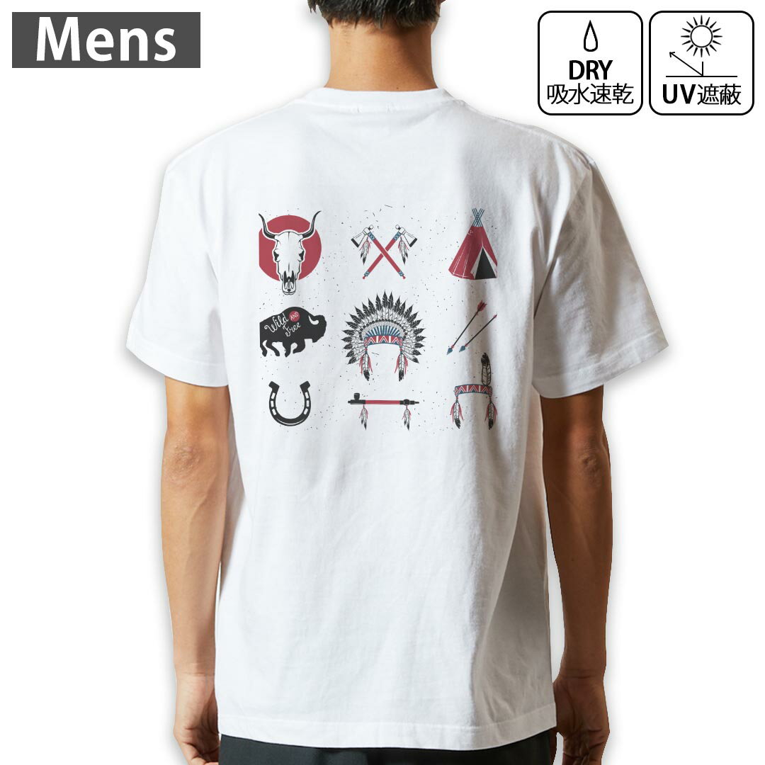 メンズ ドライバックプリントTシャツ ホワイト 半袖 4.1オンス ジム トレーニング スポーツ 運動会 ドライアスレチック UVカット 紫外線遮蔽 吸水速乾 デザイン Tshirt S M L XL 2XL 3XL 4XL 5XL 6XL 014125 インディアン 弓矢