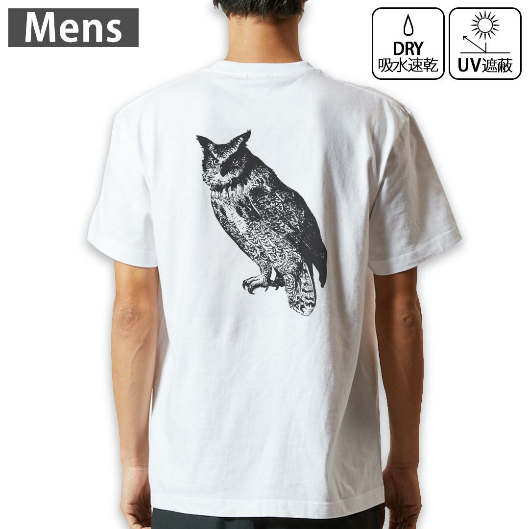 メンズ ドライバックプリントTシャツ ホワイト 半袖 4.1オンス ジム トレーニング スポーツ 運動会 ドライアスレチック UVカット 紫外線遮蔽 吸水速乾 デザイン Tshirt S M L XL 2XL 3XL 4XL 5XL 6XL 017483 リアル フクロウ 鳥