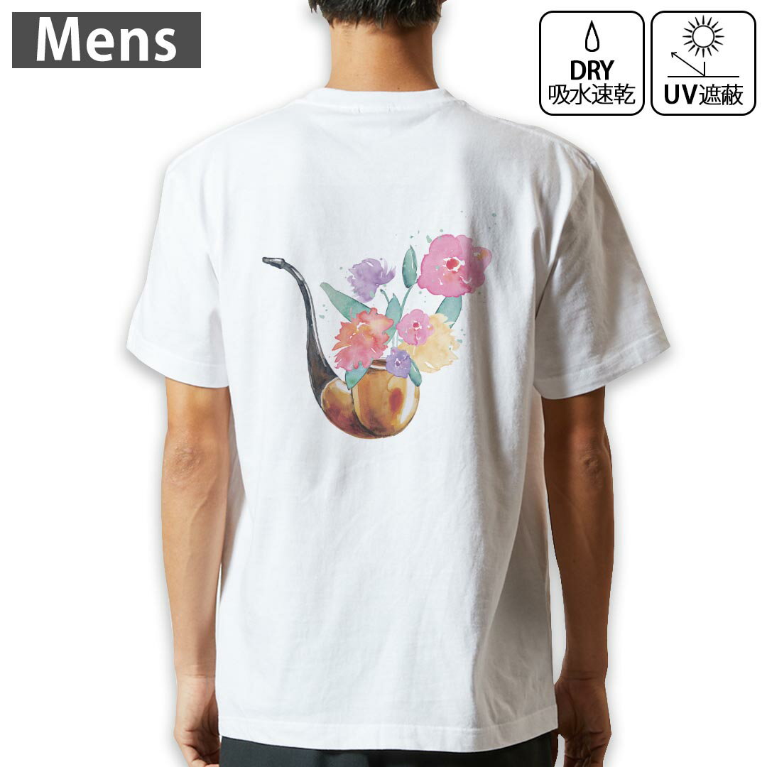 Original - メンズ ドライバックプリントTシャツ ホワイト 半袖 4.1オンス ジム トレーニング スポーツ 運動会 ドライアスレチック UVカット 紫外線遮蔽 吸水速乾 デザイン Tshirt S M L XL 2XL 3XL 4XL 5XL 6XL 017761 花　　手書き風　たばこ