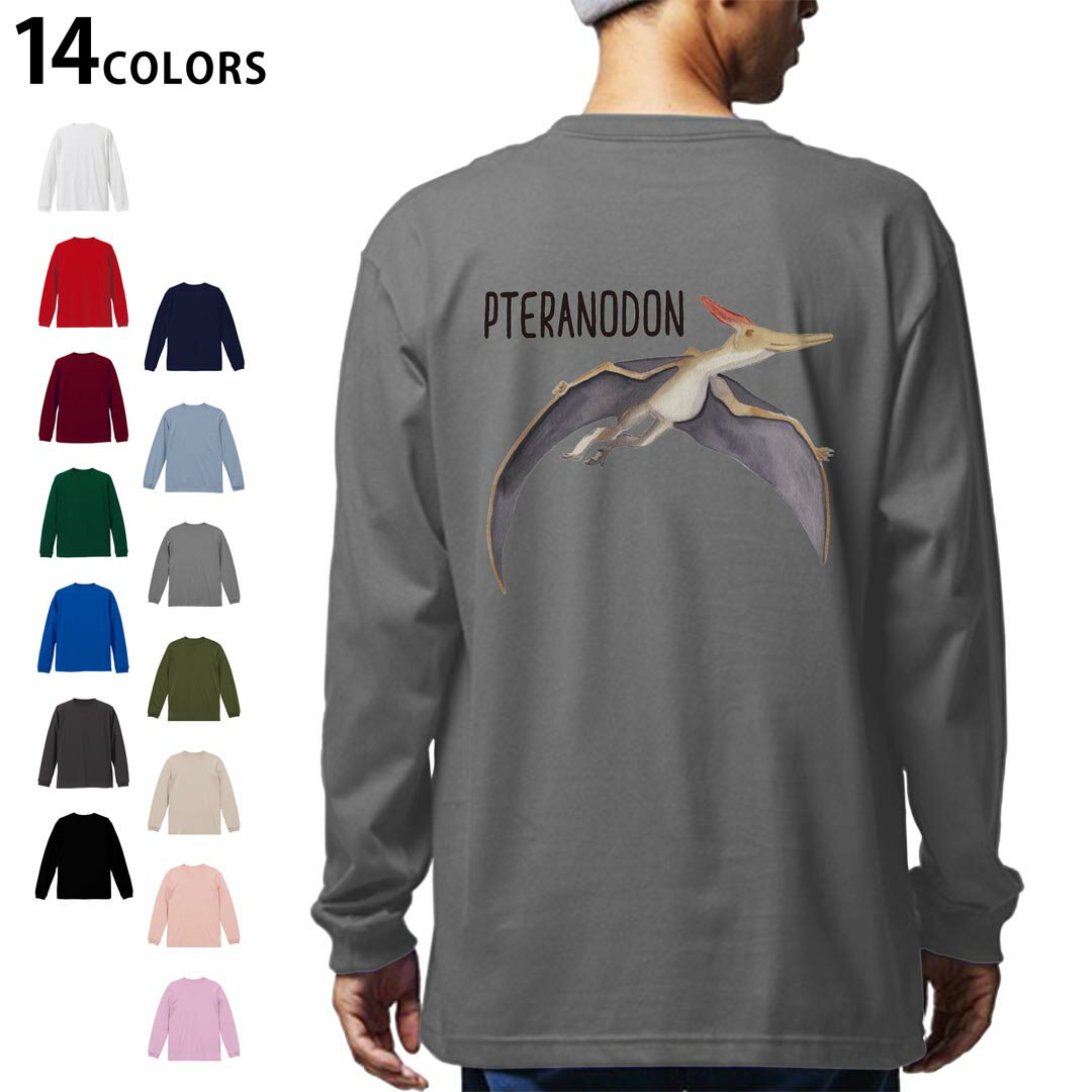 選べる14カラー 長袖リブ付きTシャ バックプリント メンズ レディース ユニセックス unisex 長袖 デザイン XS S M L XL 2XL Tシャツ ロング ティーシャツ T shirt 019823 恐竜 Pteranodon プテラノドン