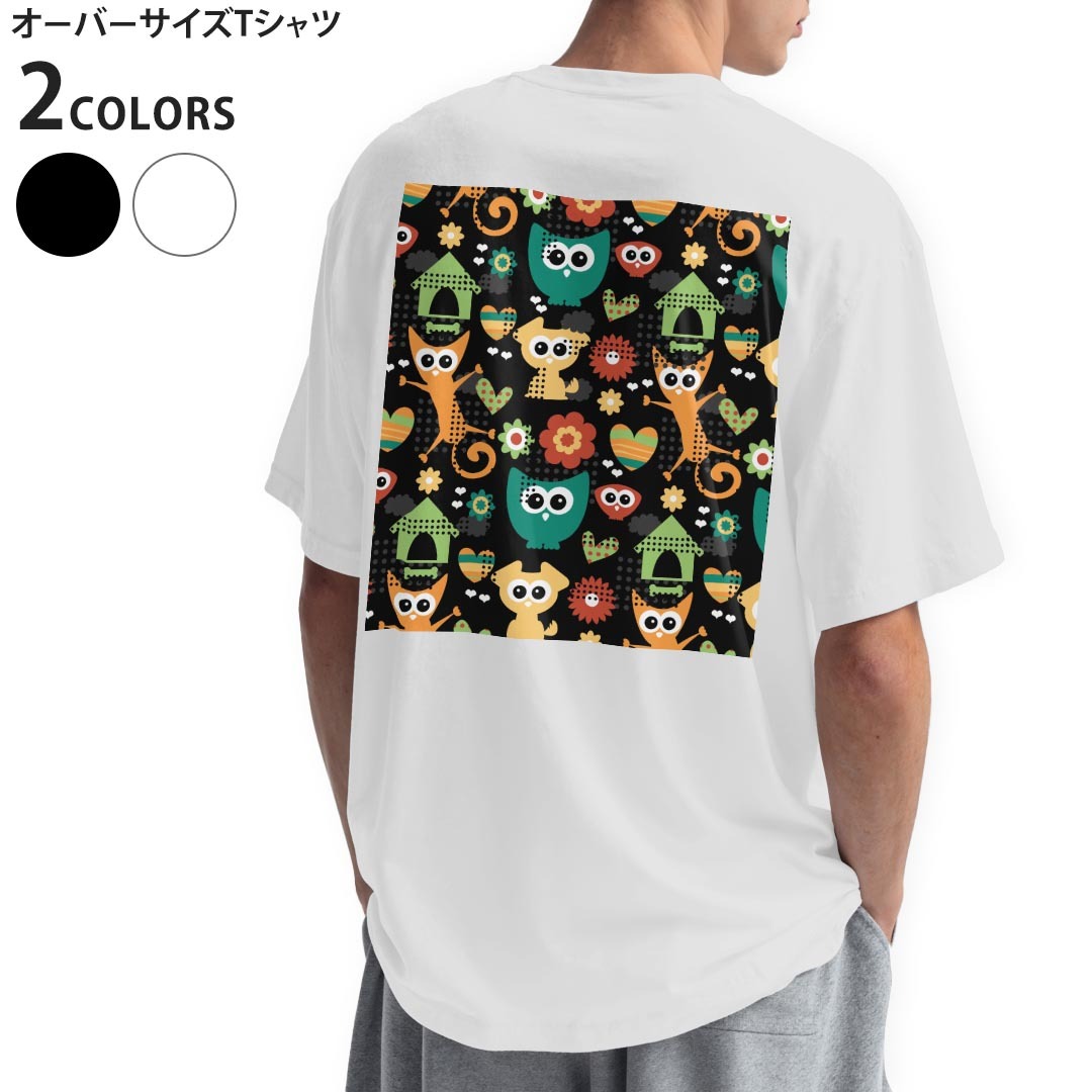 オーバーサイズ Tシャツ バックプリント メンズ 半袖 ビッグシルエット 大きめ 抜け感 ホワイト グレー デザイン S M L XL 2XL tシャツ ティーシャツ T shirt かわいい　柄　ふくろう　000070