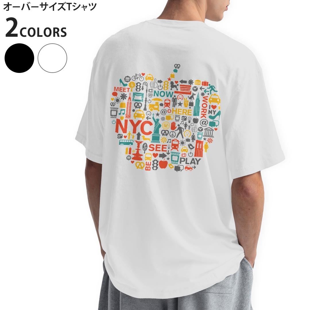 オーバーサイズ Tシャツ バックプリント メンズ 半袖 ビッグシルエット 大きめ 抜け感 ホワイト グレー デザイン S M L XL 2XL tシャツ ティーシャツ T shirt りんご　外国　英語　009357