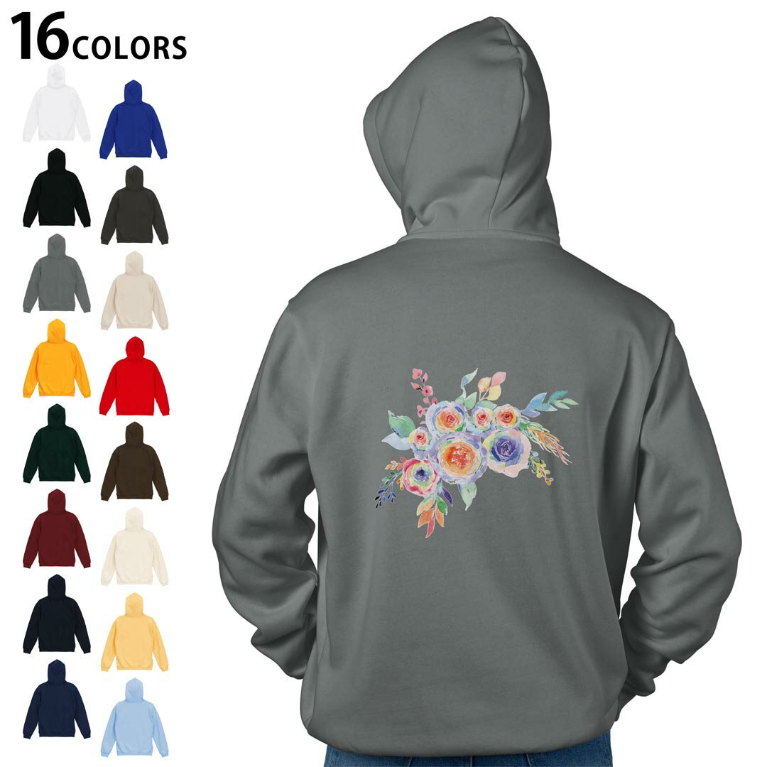 選べる16カラープルオーバー パーカー バックプリント フーディ メンズ レディース ユニセックス 長袖 デザイン S M L XL 2XL hoodie 031708 花 カラフル