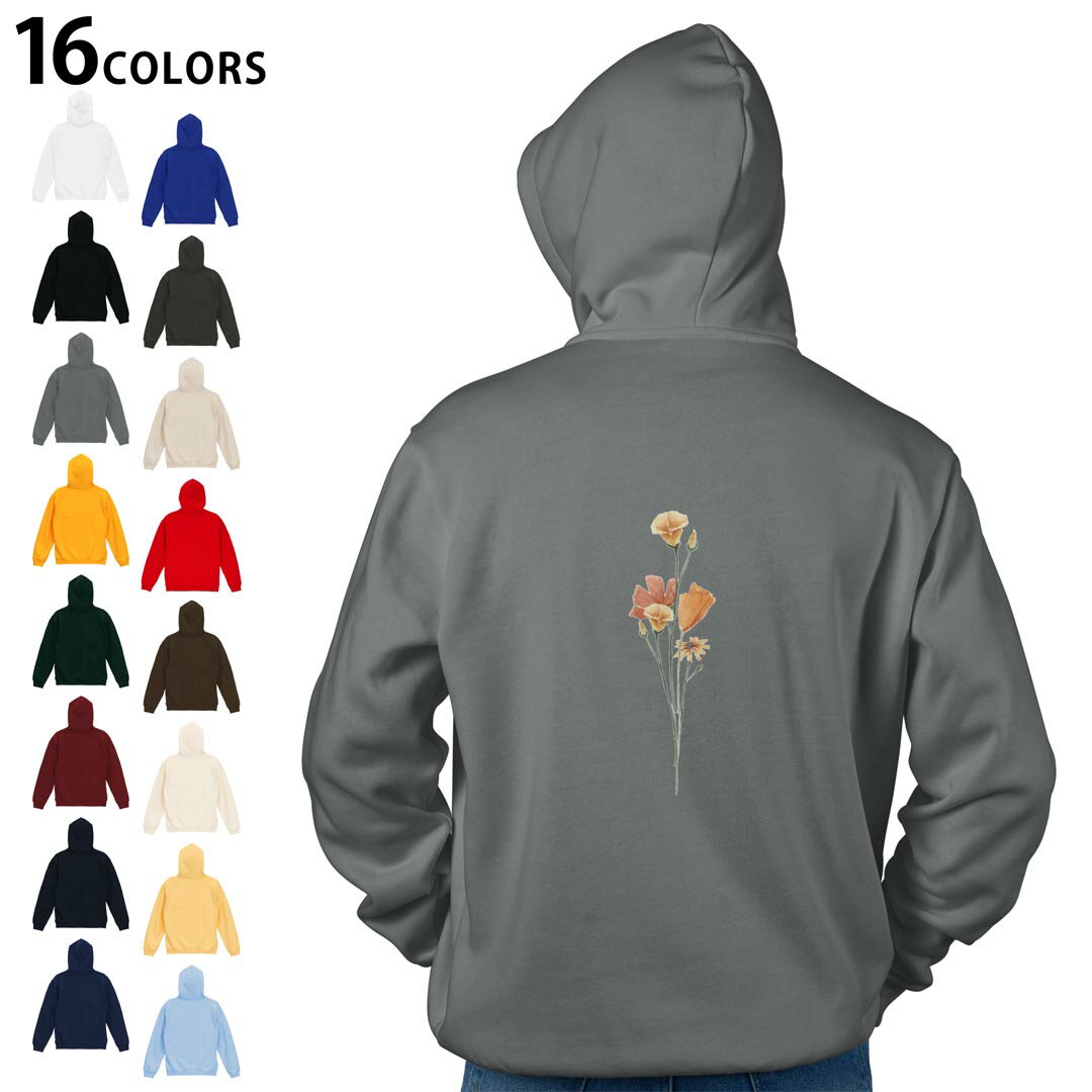 選べる16カラープルオーバー パーカー バックプリント フーディ メンズ レディース ユニセックス 長袖 デザイン S M L XL 2XL hoodie 031836 花 オレンジ つぼみ