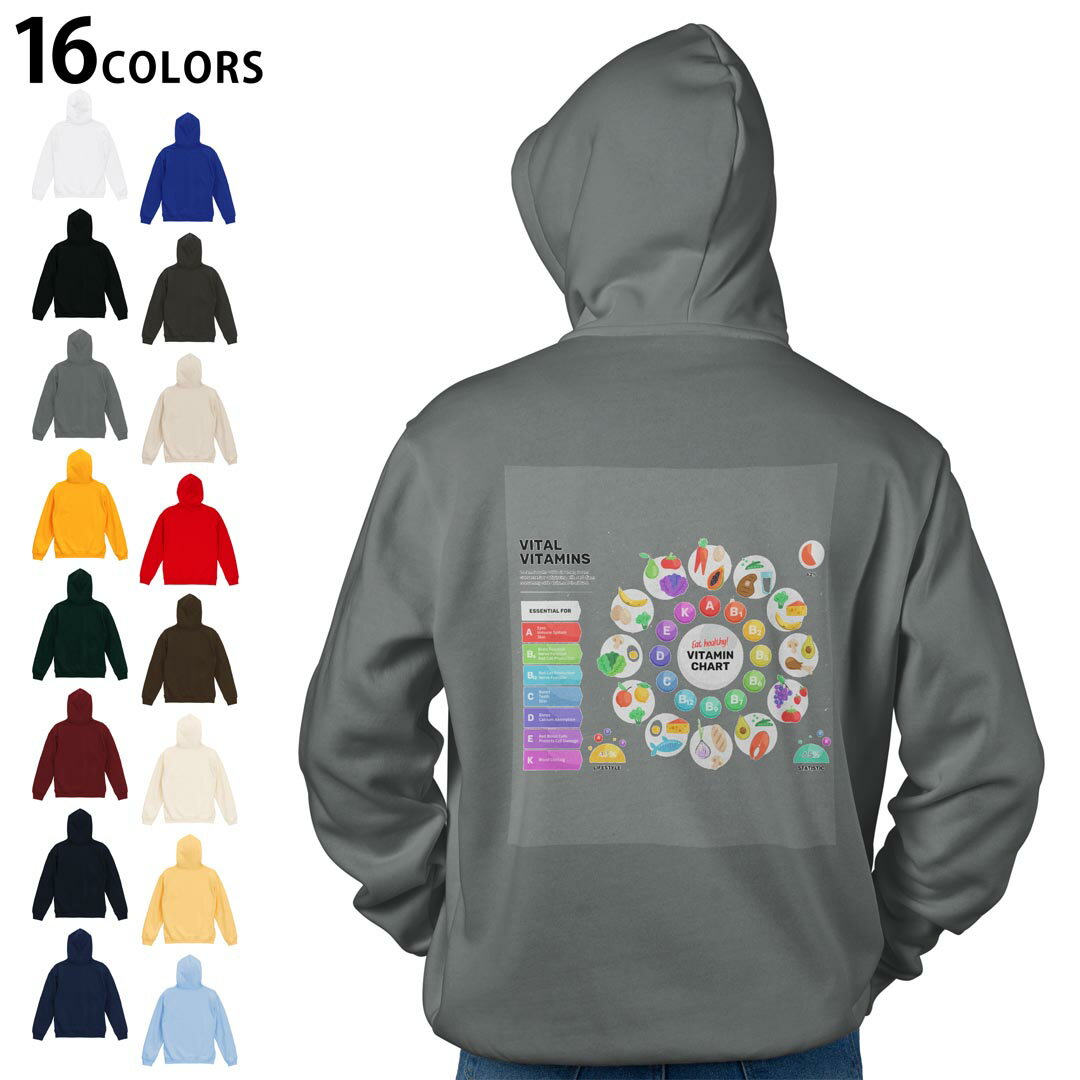 選べる16カラープルオーバー パーカー バックプリント フーディ メンズ レディース ユニセックス 長袖 デザイン S M L XL 2XL hoodie 032588 vitamin ビタミン