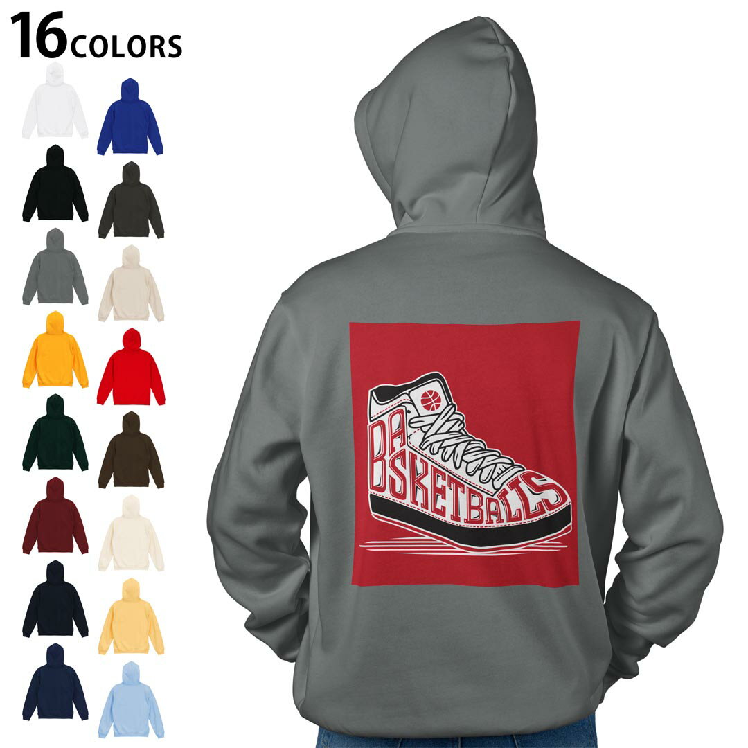 選べる16カラープルオーバー パーカー バックプリント フーディ メンズ レディース ユニセックス 長袖 デザイン S M L XL 2XL hoodie 035984 バスケット 靴 赤