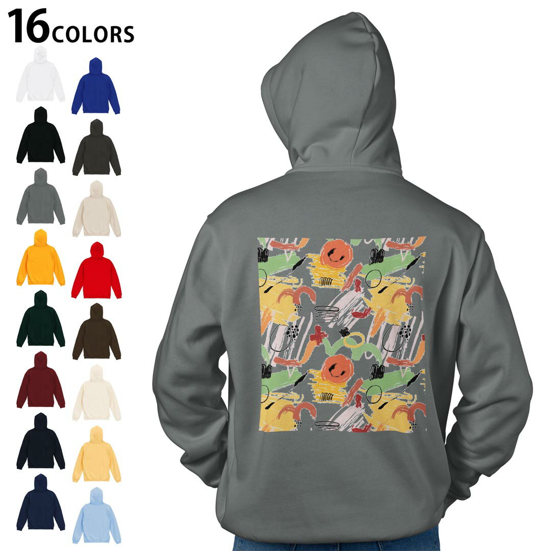 選べる16カラープルオーバー パーカー バックプリント フーディ メンズ レディース ユニセックス 長袖 デザイン S M L XL 2XL hoodie 035995 アート カラフル 落書き