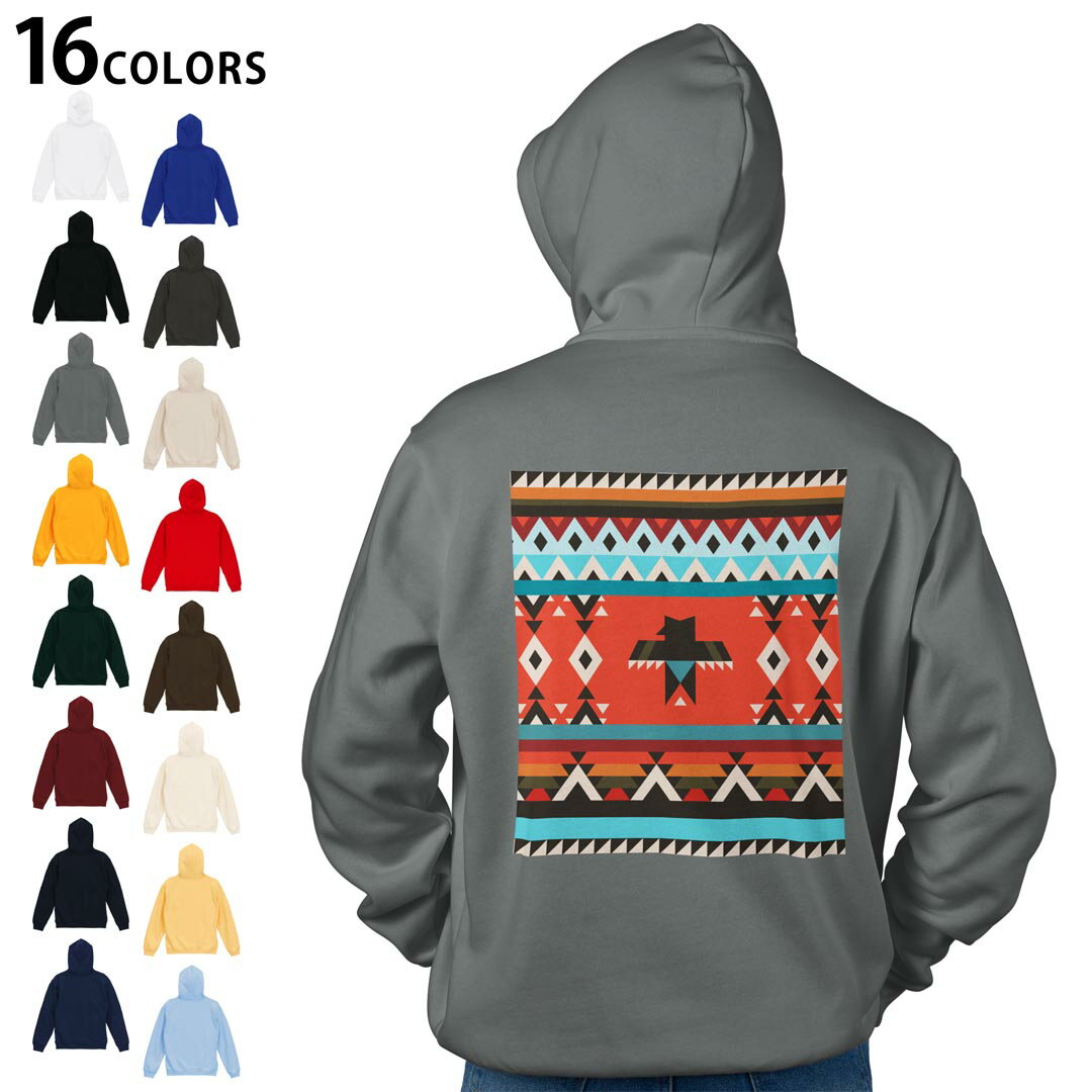 選べる16カラープルオーバー パーカー バックプリント フーディ メンズ レディース ユニセックス 長袖 デザイン S M L XL 2XL hoodie 036000 民族 鷹 カラフル